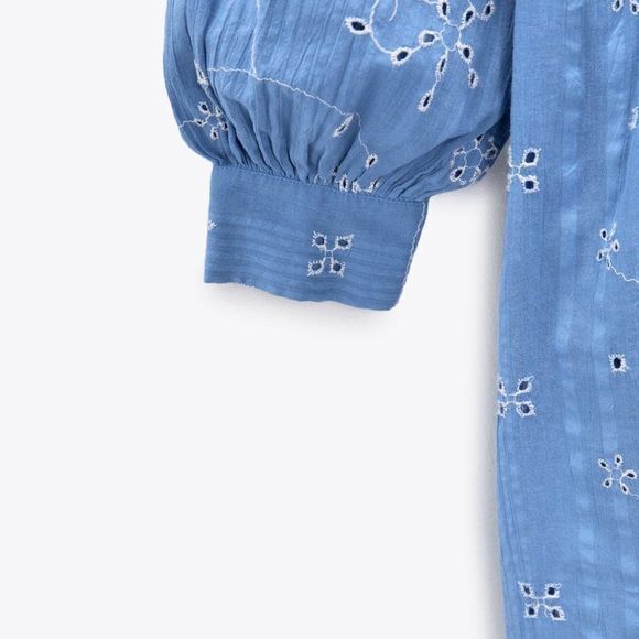 NEW ZARA SHORT EMBROIDERED DRESS BLUE V NECK LONG SLEEVES A LINE WOMENS SIZE M - Picture 8 of 8